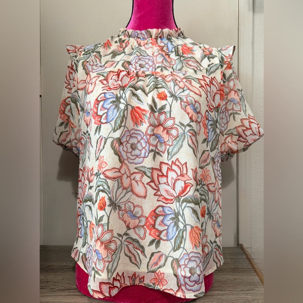 LOFT Floral Cream Blouse with Coral and Lavender Accents